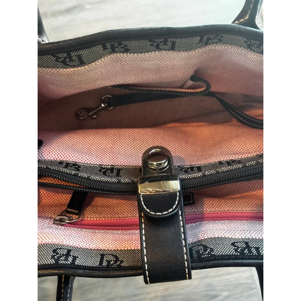 Dooney & Bourke DB Monogram Satchel Black Grey Canvas Leather Trim Shoulder Bag